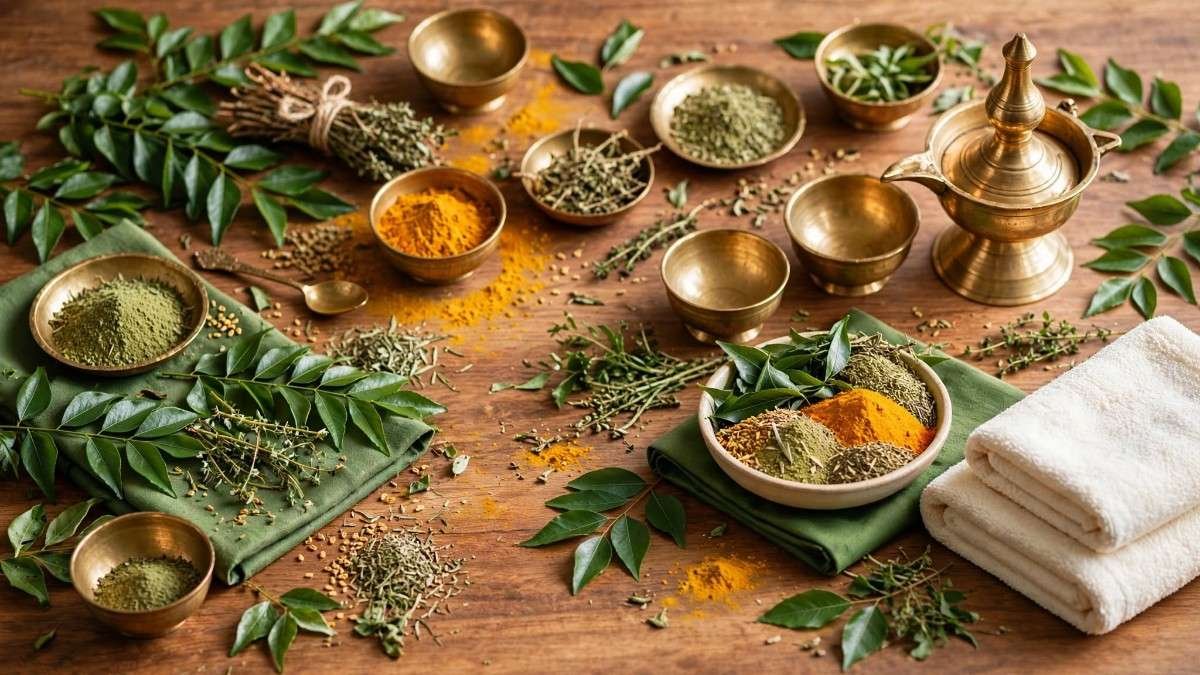 Traditional Ayurvedic items arranged for Panchakarma preparation