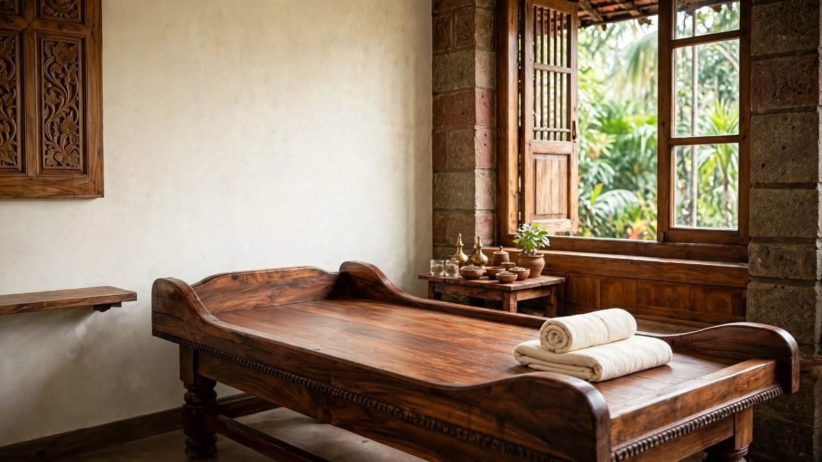 Wooden Panchakarma treatment bed with towels and brass Ayurvedic vessels at Madhavam Ayurveda Hospital, Shornur